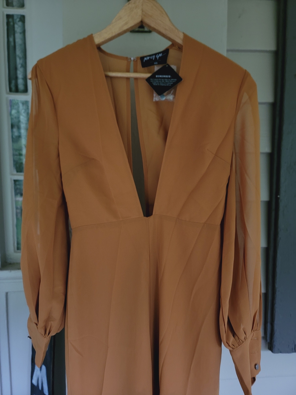 Nasty Gal Split Decision Plunging Mustard Color Poly Crepe Jumpsuit Open Sleeve - Picture 7 of 16